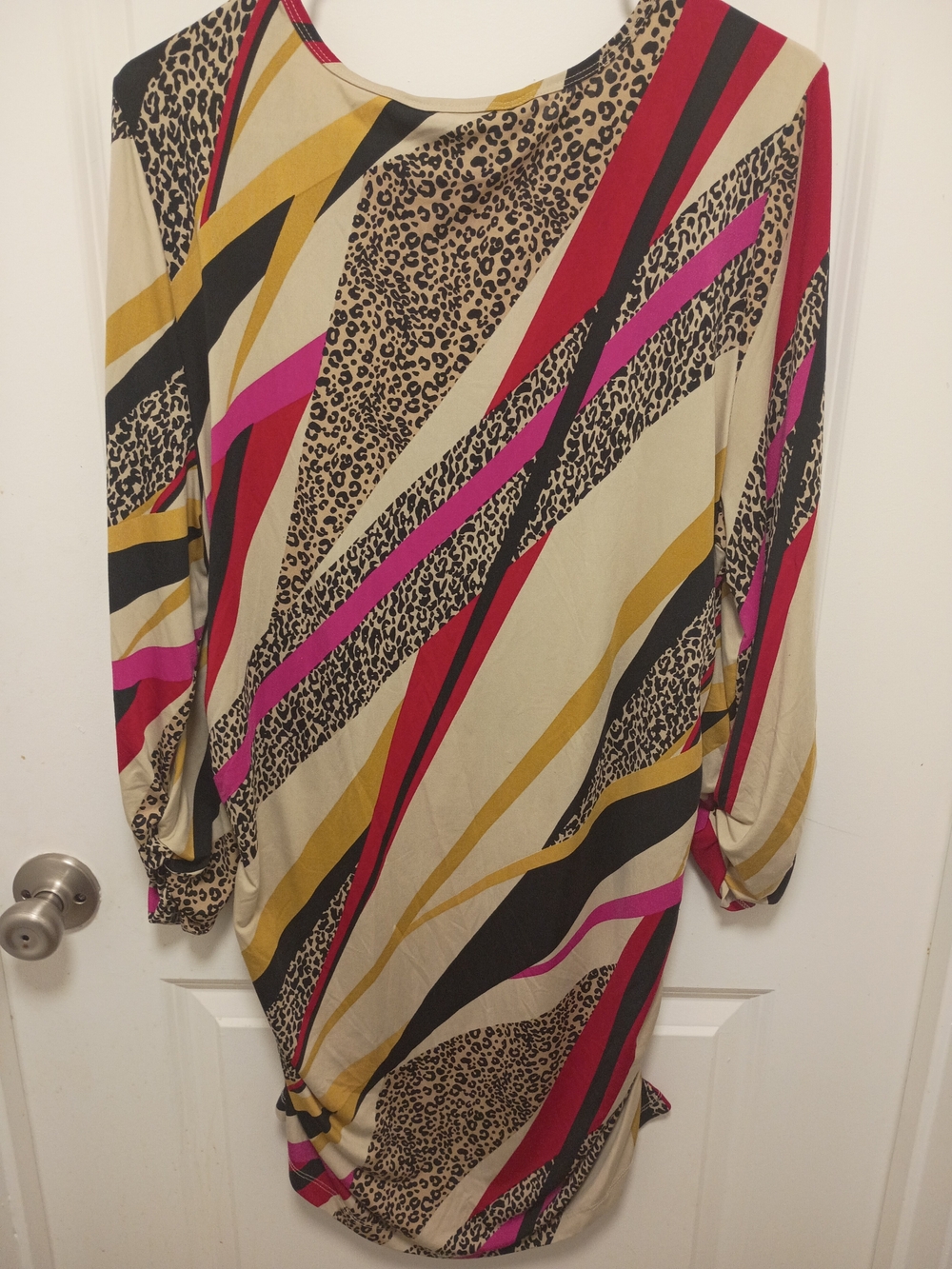 Long-Sleeve Leopard & Stripe Print Dress in Beige, Pink & Black